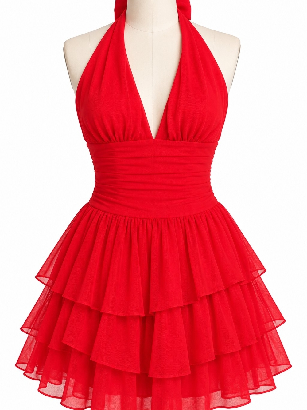 NSBONU Red Halter Mini Dress XS NWT Mesh Tiered Ruffle Open Back Party Dress
